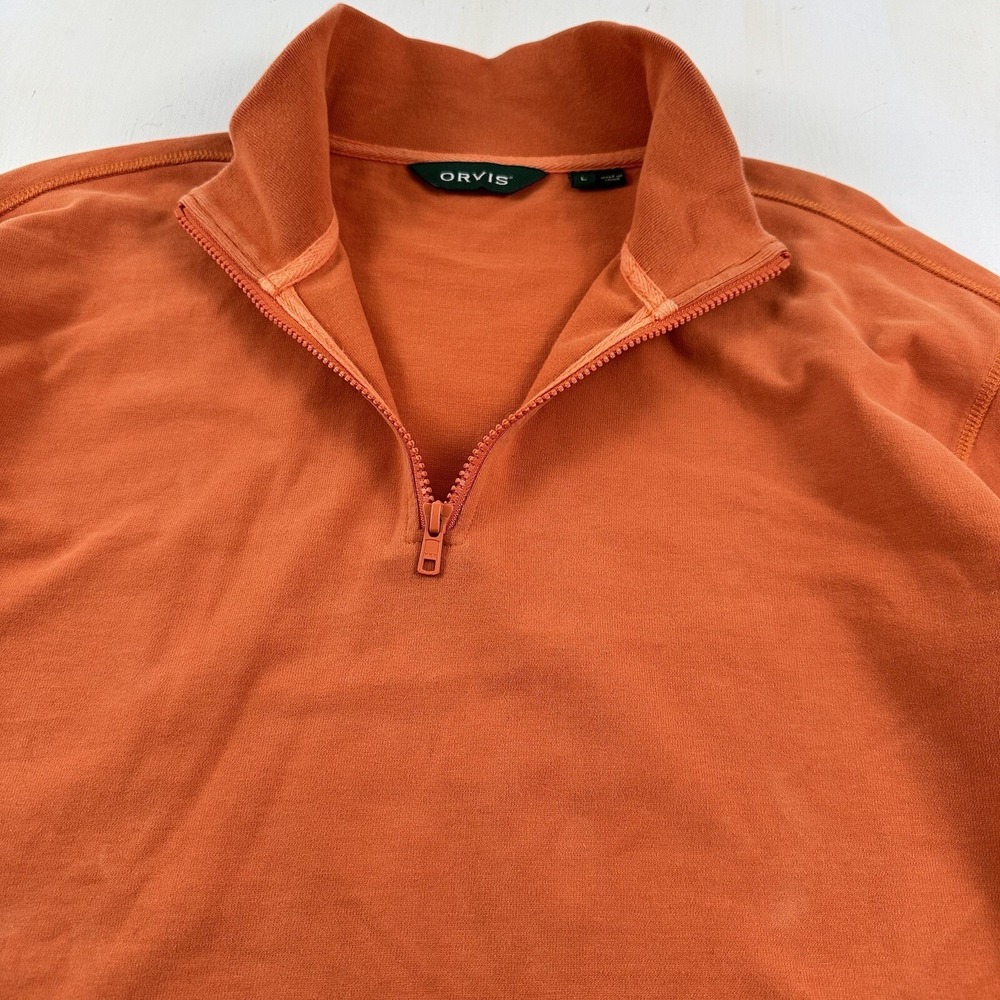 ORVIS Men's 1/4 ZIP Pullover SWEATSHIRT Large Orange Blue Shirt‎ Varsity Stripes